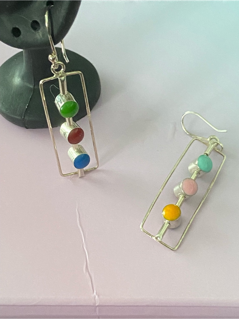 Colorful Multi-Stone Silver  925 Frame Drop Earrings - Pink, Blue, Green, Yellow